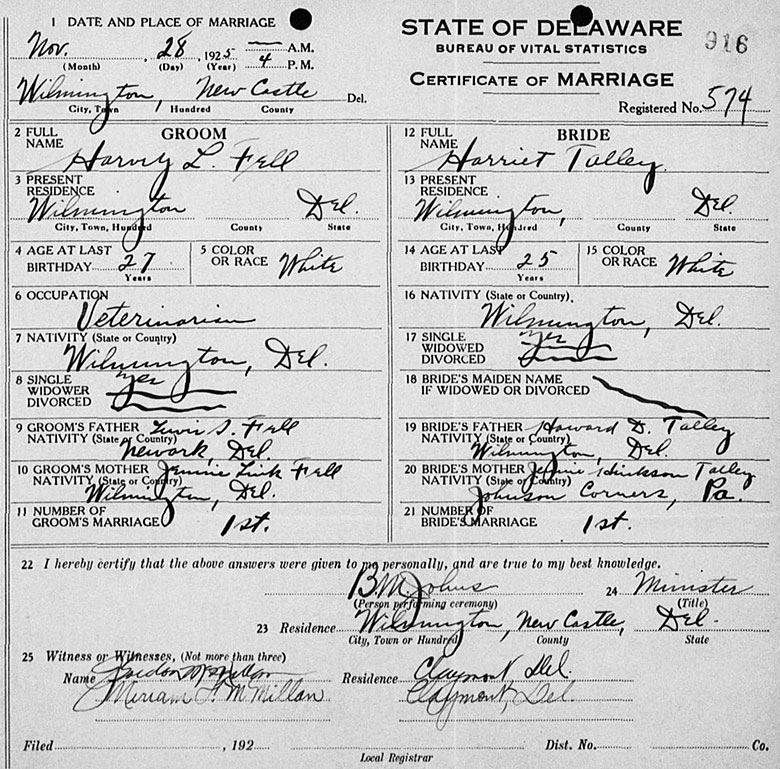 Marriage Details of Harvey Lewis Fell and Harriet Talley - 28 November 1925