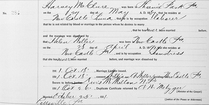 Marriage Certificate of Harvey MacClure and Hellen Weller - 25 October 1911