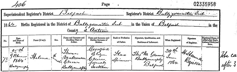 Birth Certificate of Helena Greeves - 25 February 1864