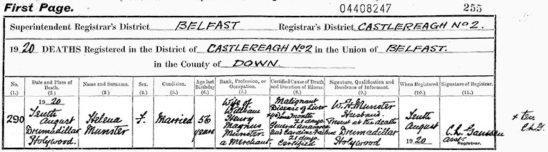 Death Certificate of Helena Munster (née Greeves) - 10 August 1920
