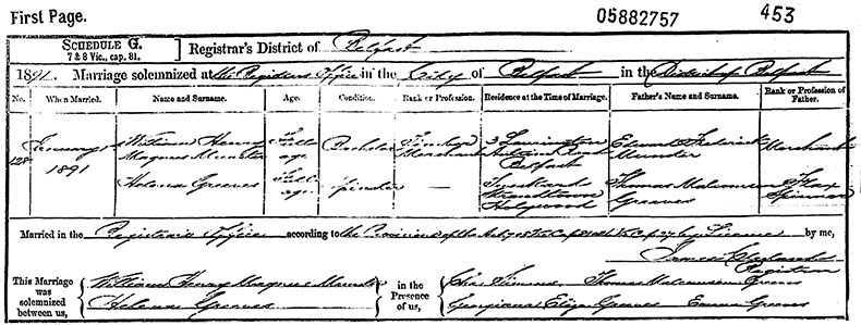 Marriage Certificate of William Henry Magnus Munster and Helena Greeves  - 1 January 1891