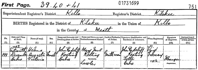 Birth Certificate of Helena Augusta Victoria Keating - 16 December 1902
