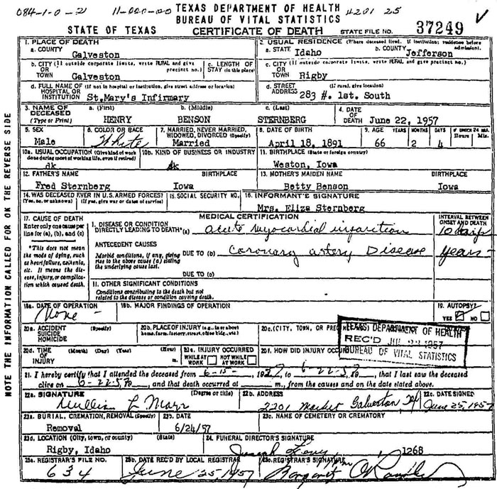 Death Certificate for Henry Benson Sternberg 1891-1957