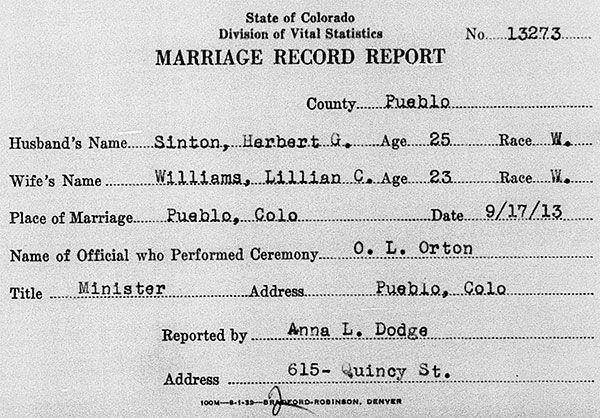 Wedding record for Herbert George Sinton and Lillian Clare Williams