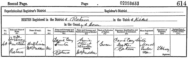 Birth Certificate of Hutchinson McFadden Sinton - 14 February 1880