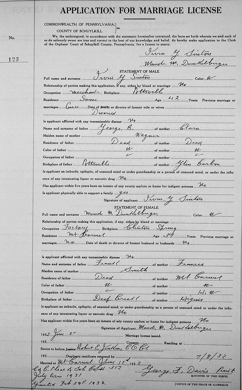 Marriage details of Irvin George Sinton and Maude M. Dunkleberger