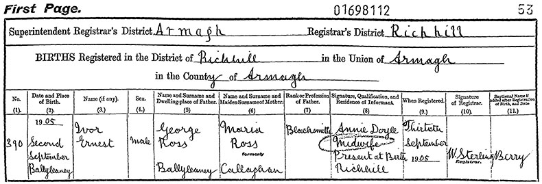 Birth Certificate of Ivor Ernest Ross - 2 September 1905
