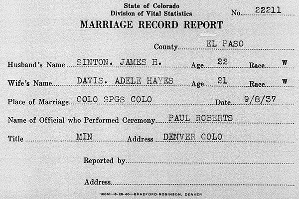 Marriage details of James Herbert Sinton and Adele Hayes