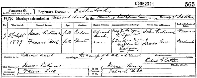 Marriage Certificate of James Kirkwood and Frances Hill - 11 September 1879