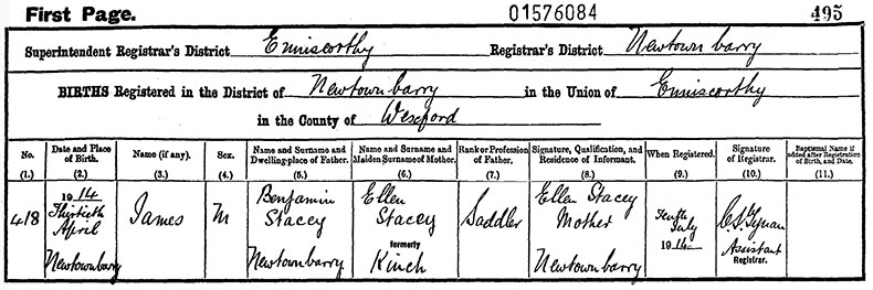 Birth Certificate of James Stacey - 30 April 1914