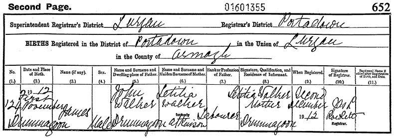 Birth Certificate of James Walker - 1 November 1912