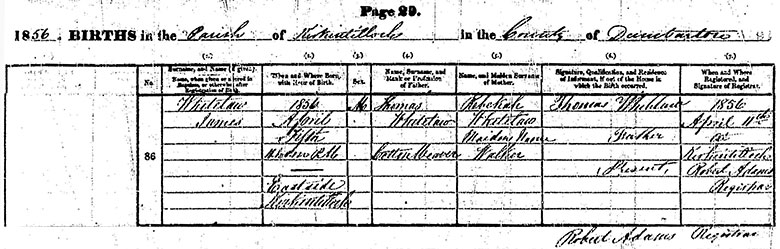 Birth Certificate of James Whitelaw - 5 April 1856