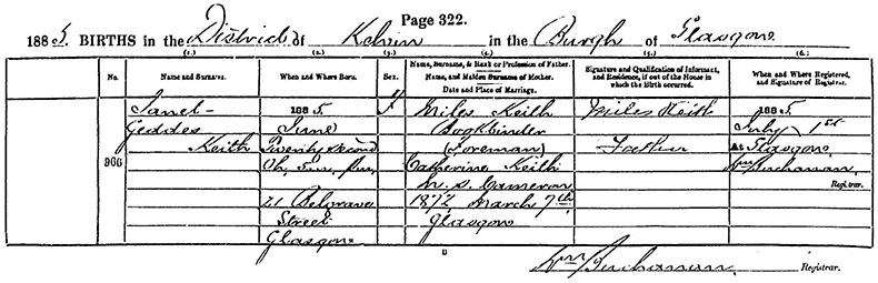 Birth Certificate of Janet Geddes Keith - 22 June 1885
