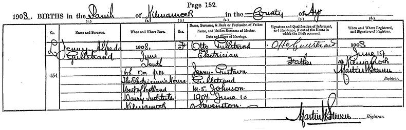 Birth Certificate of Jenny Alfreda Gullstrand - 10 June 1908