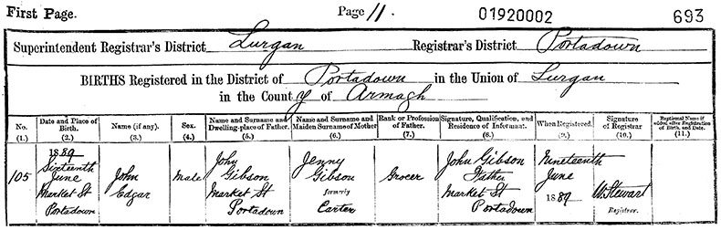 Birth Certificate of John Edgar Gibson - 16 June 1889