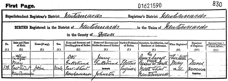 Birth Certificate of John Gullstrand - 12 May 1911