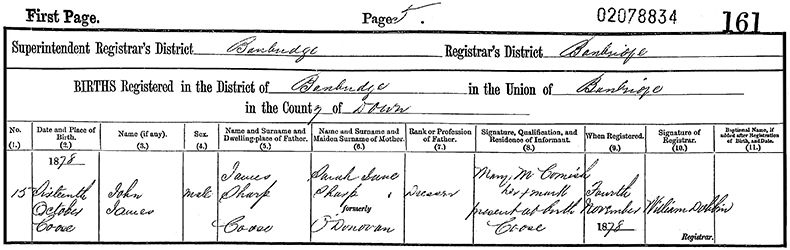 Birth Certificate of John James Sharpe - 16 October 1878