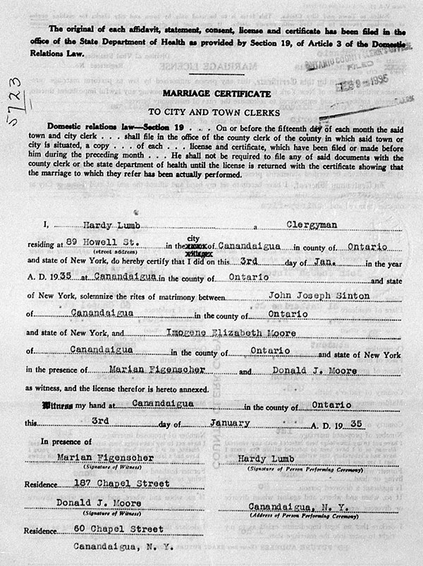 Marriage Certificate of John Joseph Sinton and Imogene Elizabeth Moore
