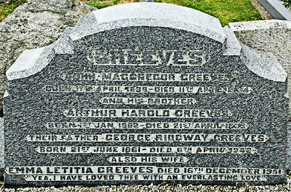 Headstone of John MacGregor Greeves 1898 - 1934
