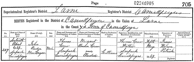 Birth Certificate of John Owden MacGregor Greer - 16 April 1869