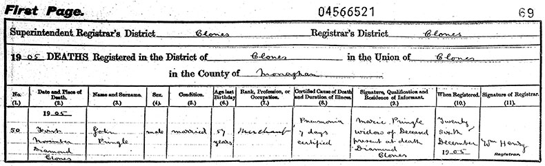 Death Certificate of John Pringle - 1 November 1905