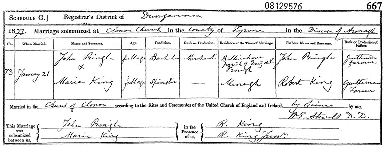Marriage Certificate of John Pringle and Maria Adelaide King - 21 January 1873