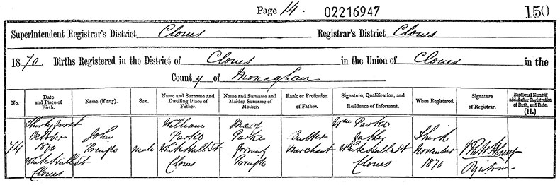 Birth Certificate of John Pringle Parke - 31 October 1870