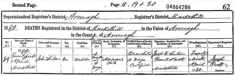 Death Certificate of John Sinton - 21 April 1880
