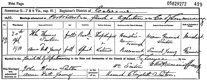 Marriage Certificate of John Thomas Sinton and Anna Ruth Young - 20 April 1910
