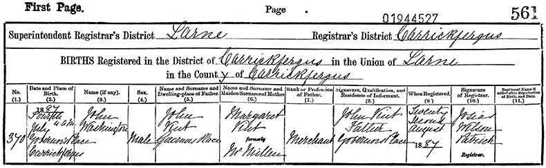Birth Certificate of John Washington Vint - 4 July 1887