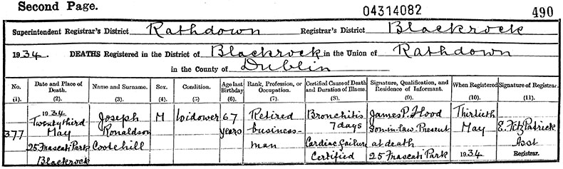 Death Certificate of Joseph Ronaldson - 23 May 1934