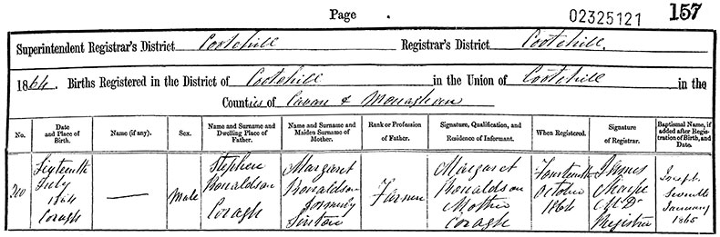 Birth Certificate of Joseph Ronaldson - 16 July 1864