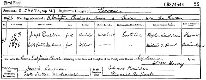 Marriage Certificate of Joseph Ronaldson and Edith Victoria Hunt - 9 September 1896