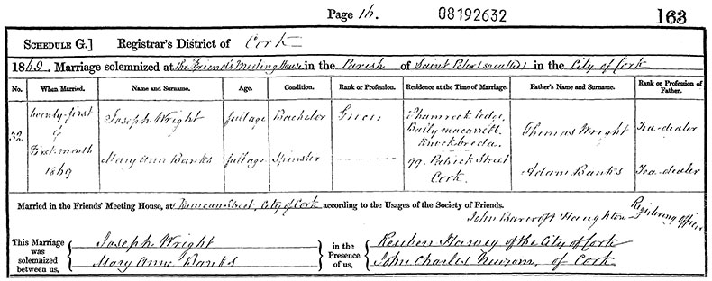 Marriage Certificate of Joseph Wright and Mary Anne Banks - 21 January 1869