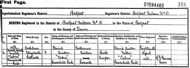 Birth Certificate of Kathleen Elizabeth Pollock Sinton - 24 March 1913