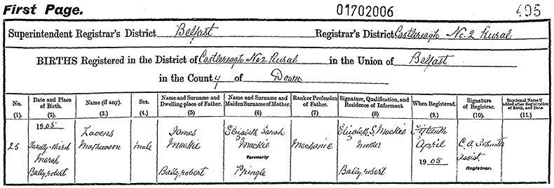 Birth Certificate of Lavens Mathewson Mackie - 23 March 1905
