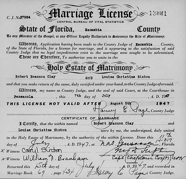 Marriage Certificate for Robert Brannon Clay and Louise Christine Sinton