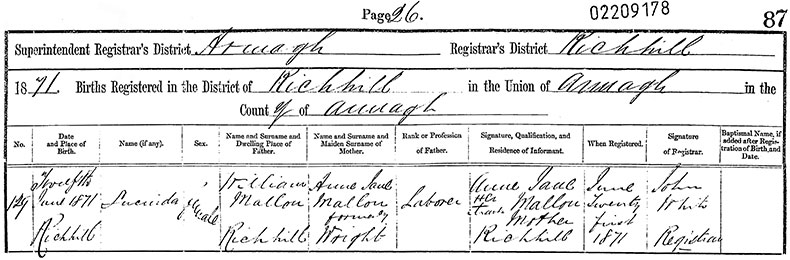 Birth Certificate of Lucinda Mallon - 12 June 1871