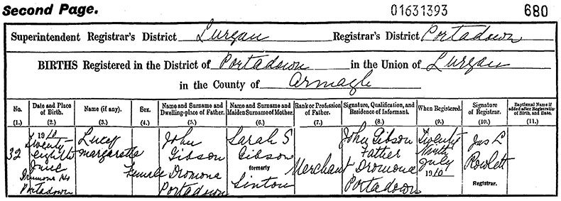 Birth Certificate of Lucy Margaretta Gibson - 28 June 1910