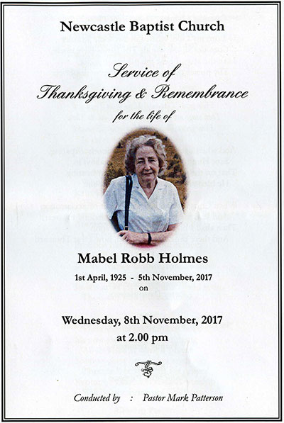 Funeral Service for Mabel Robb Holmes (née Speers) - 8 November 2017