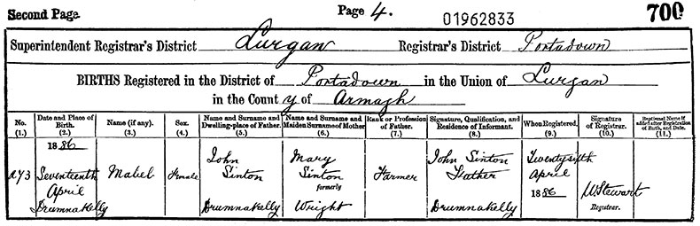 Birth Certificate of Mabel Sinton - 17 April 1886