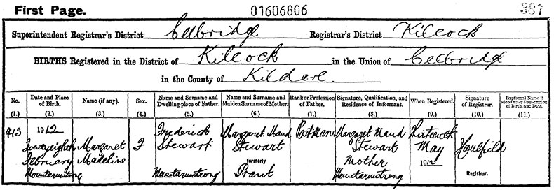 Birth Certificate of Margaret Adeline Stewart - 28 February 1912