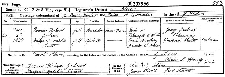 Marriage Certificate of Francis Garland and Margaret Adeline Stewart - 6 December 1939