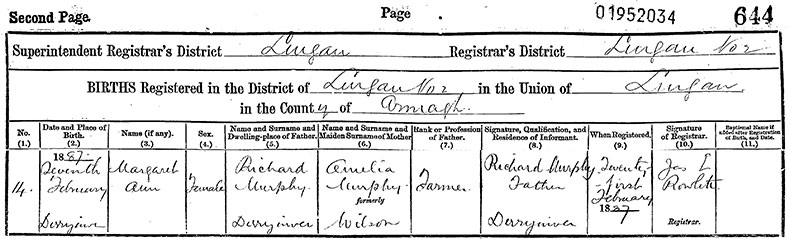 Birth Certificate of Margaret Ann Murphy - 7 February 1887