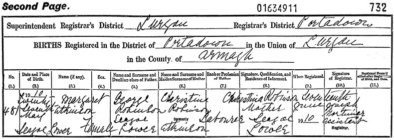 Birth Certificate of Margaret Atkinson Robinson - 27 May 1910