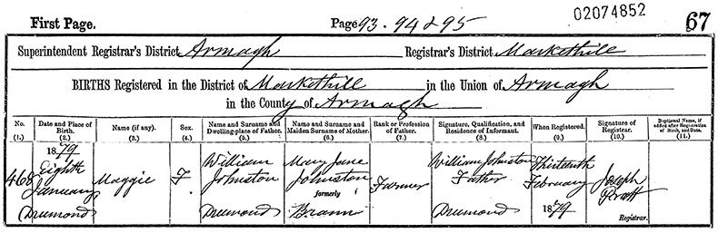 Birth Certificate of Margaret Johnston - 8 January 1879