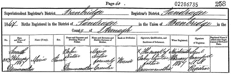 Birth Certificate of Maria Sinton - 7 February 1867