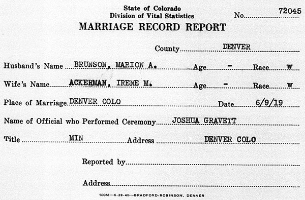 Marriage Record of Marion Amos Brunson and Irene M. Ackerman - 9 June 1919