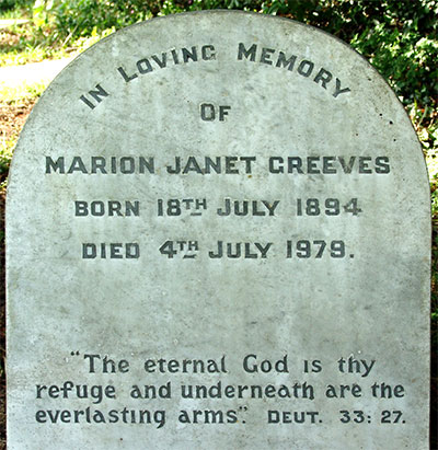 Headstone of Marion Janet Greeves (née Cadbury) 1894 - 1979