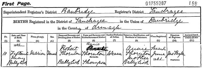 Birth Certificate of Marion Thornton - 15 May 1901